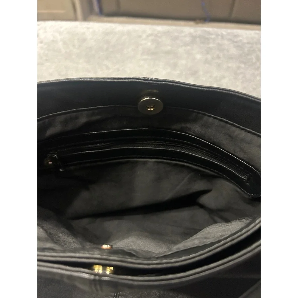 Vintage Black Leather Shoulder Bag Minimalist Hobo Purse Gold Hardware Trim
